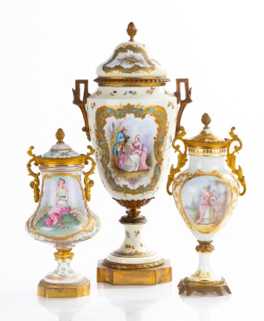 Three Sevres Bronze Mounted Porcelain Urns