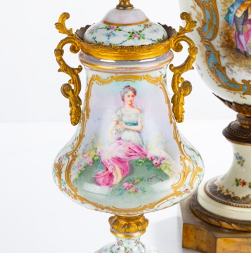 Three Sevres Bronze Mounted Porcelain Urns