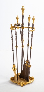 French Rococo Gilt Bronze & Forged Iron Fireplace  Tools