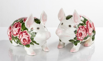 Pair of Large Scottish Wemyss 'Cabbage Roses'  Pattern Pigs