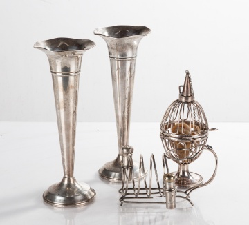 Silver Trumpet Vases, Wax Jack & Salt, Pepper and  Napkin Ring