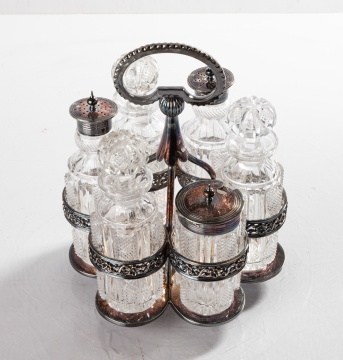 Silver Plate and Cut Glass Cruet Set & Sheffield Candlesticks