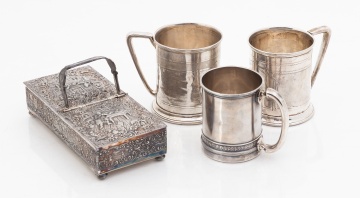 (3) English Silver Children's Cups and Silver  Plate Dresser Box