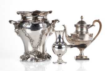 Silver Plate Wine Cooler, Teapot & Sterling Toddy