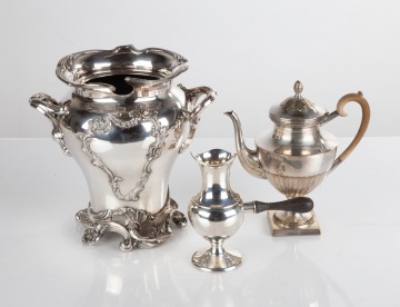 Silver Plate Wine Cooler, Teapot & Sterling Toddy