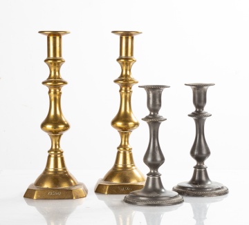 19th Century Pewter and Brass Push Up Candlesticks