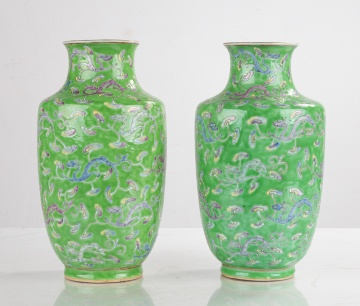 Pair of 19th Century Chinese Famille Rose Lime-Green Porcelain Vases