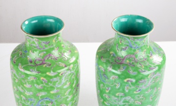 Pair of 19th Century Chinese Famille Rose Lime-Green Porcelain Vases