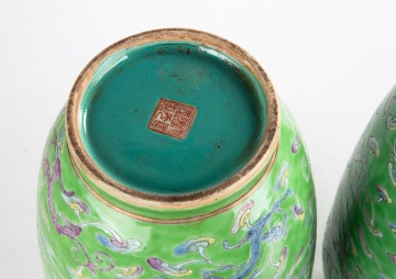Pair of 19th Century Chinese Famille Rose Lime-Green Porcelain Vases