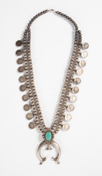 Navajo Silver Coin Squash Blossom Necklace with Inset Turquoise