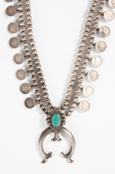 Navajo Silver Coin Squash Blossom Necklace with Inset Turquoise