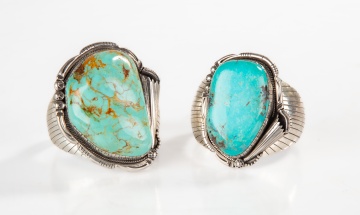 (2) Navajo Sterling Silver & Turquoise Bracelet Cuffs
