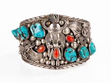C & P Hannaweeke Zuni Turquoise & Coral Nugget Sio  Shalako Horned Kachina Sterling Silver Cuff  Bracelet