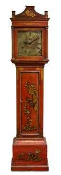 Diminutive Georgian Scarlet Japanned Tallcase Clock by Isaac King