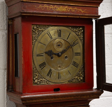 Diminutive Georgian Scarlet Japanned Tallcase Clock by Isaac King