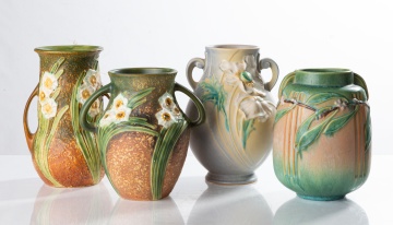 Four Roseville Jonquil, Laurel, & White Poppy Vases