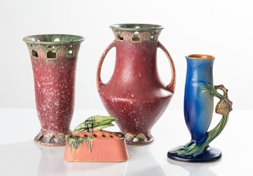 Four Roseville Pieces, Three Vases and a Flower Frog