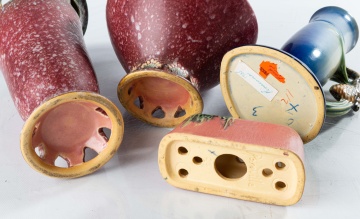 Four Roseville Pieces, Three Vases and a Flower Frog