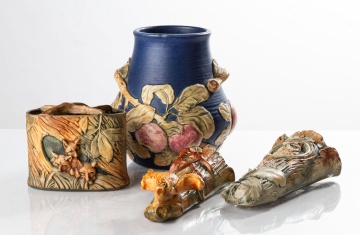 Four Weller Pieces, Vases and Wall Pockets