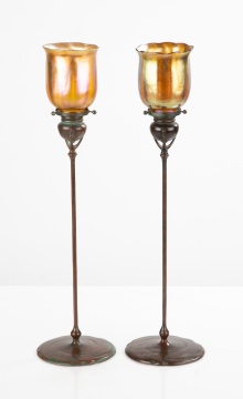 Two Tiffany Studios Candlesticks with Favrile Shades