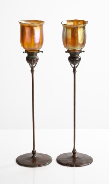 Two Tiffany Studios Candlesticks with Favrile Shades