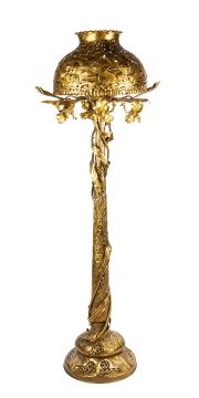 French Art Nouveau Reticulated Brass Floor Lamp with Iris Design