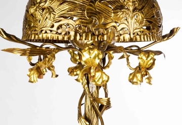 French Art Nouveau Reticulated Brass Floor Lamp with Iris Design