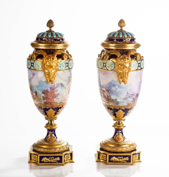 19th Century Pair of Sevres Style Covered Urns