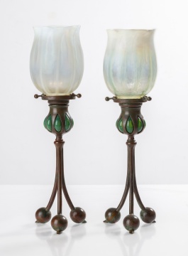 Pair of Tiffany Studios Blown Out Candlesticks with Favrile Shades