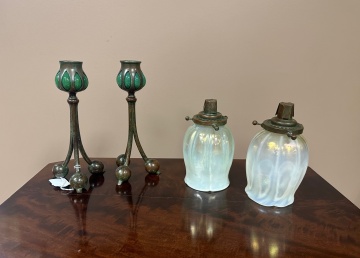 Pair of Tiffany Studios Blown Out Candlesticks with Favrile Shades