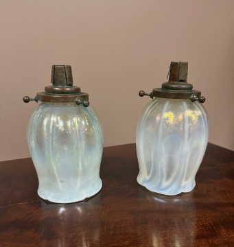 Pair of Tiffany Studios Blown Out Candlesticks with Favrile Shades