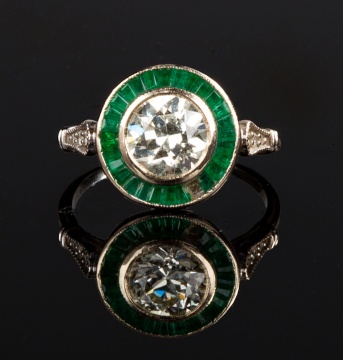 Art Deco 14K Gold, 1.53 Carat Diamond and Emerald Ring