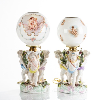 Two Dresden Porcelain Lamps with Putti
