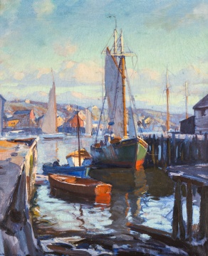 Emile A. Gruppe (American, 1896-1978) Harbor with Sailboat