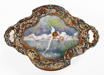 French Painted Porcelain & Champleve Enamel Center Tray