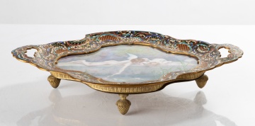 French Painted Porcelain & Champleve Enamel Center Tray