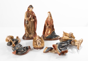 Five Spanish Polychrome Painted Nativity Figures