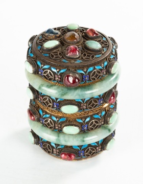 Chinese Jadeite & Hardstone Enameled Silver Filigree Covered Box