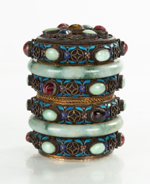 Chinese Jadeite & Hardstone Enameled Silver Filigree Covered Box