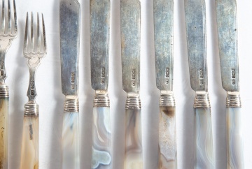 19th Century English Agate & Silver Flatware Fruit Set