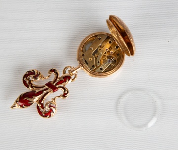French Gold, Diamond and Guilloche Enamel, Fleur de Lis Lapel Watch