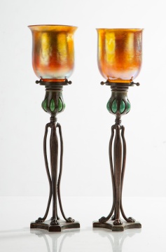 Two Tiffany Studios Blown-Out Cat's Paw Candlesticks with Favrile Shades