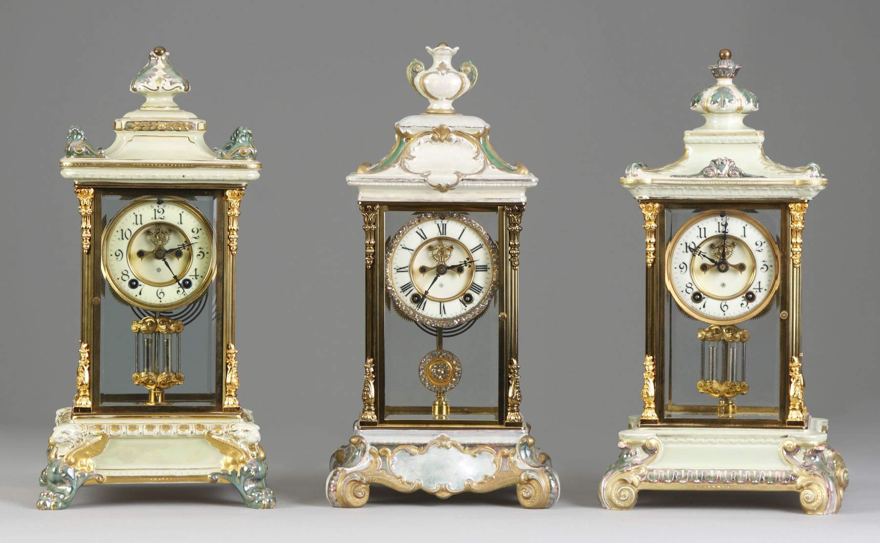 Ansonia Porcelain Crystal Regulators & French Miniature Conical Clock