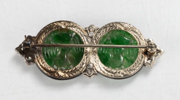 Antique Brooch with Pair of Jadeite Carvings within Black Onyx Frames