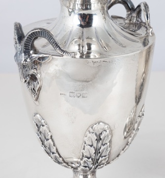 Pair of English Sterling Silver Urns with Ram's Head Handles