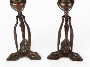 Pair of Tiffany Studios Bronze & Favrile Candlesticks
