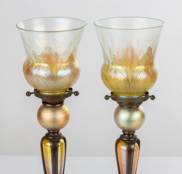 Pair of Rare Tiffany Studios "Carrot" Candlesticks with Favrile Shades