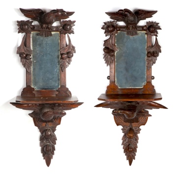 Pair of American Oak Eagle Mirror Wall Shelves