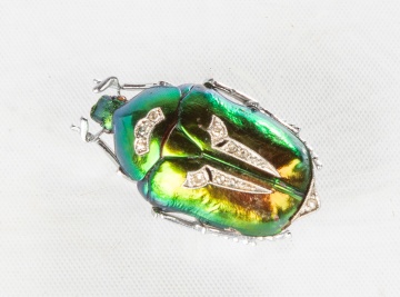 Antique Natural Beetle Shell & Diamond Brooch