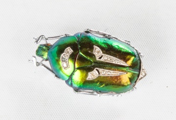 Antique Natural Beetle Shell & Diamond Brooch